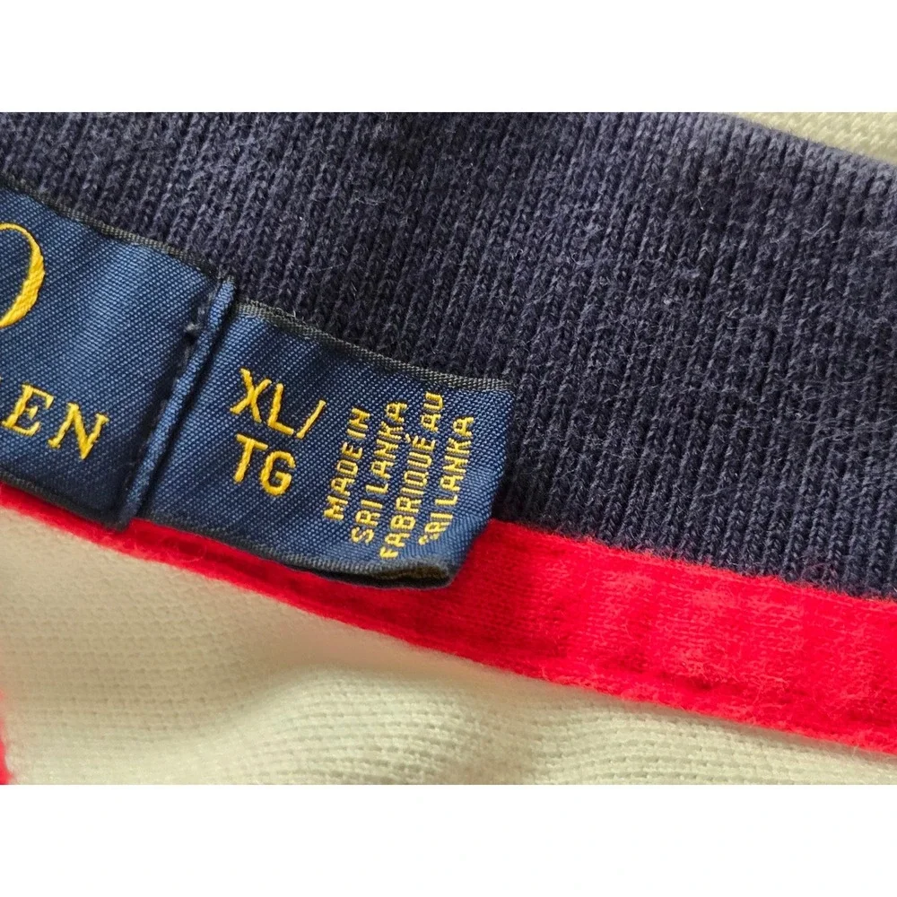 Polo Ralph Lauren‎ Mens XL Custom Fit White Big Pony Polo Shirt Navy Red Trim